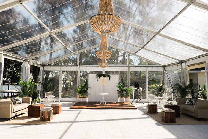 10 x 15m Clear Wedding Marquee with whitewash floor